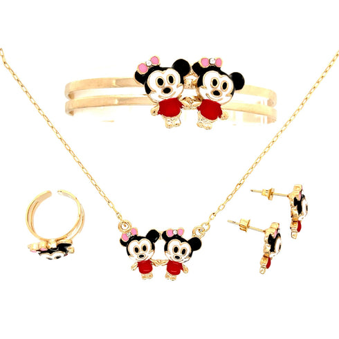 The Little Baby Girl Mouse Jewelry Set, crafted from 10k gold-filled metal, features two charming cartoon-inspired characters. This adorable set includes a necklace, bracelet, earrings, and ring adorned with black ears, pink bows, and red outfits. It's designed to be lead and nickel free for enhanced comfort.
